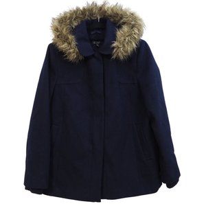 Topshop Navy Blue Coat Detachable Faux Fur Hood